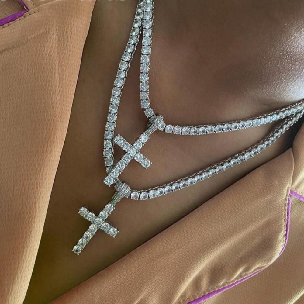 Big Cross Necklace Tennis Chain Crystal Rhinestone Choker Necklace Women Collar